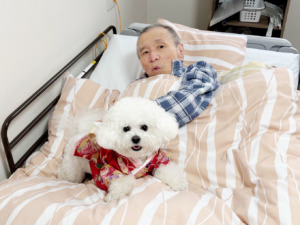 入居者さまの上で寝そべるメルちゃん