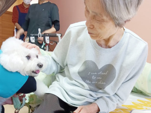 メルちゃんの頭を撫でて触れ合うメルちゃん