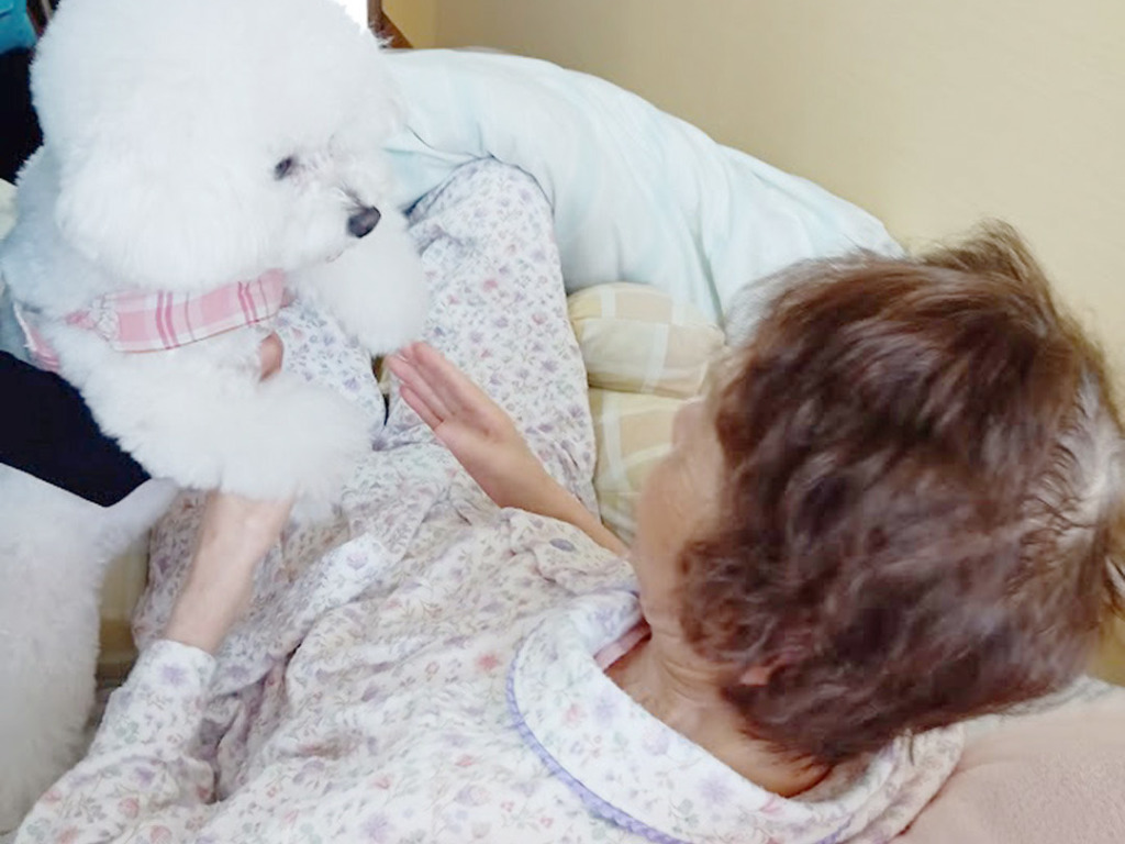 ベッドからメルちゃんの足に触れる入居者さま