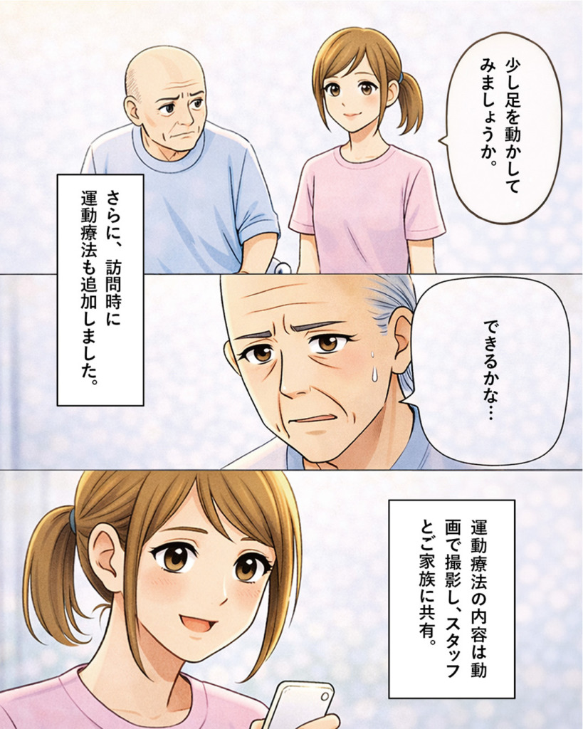 運動療法も追加してスタッフとご家族に共有。